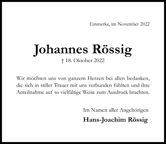 Traueranzeige von Johannes Rössig von Hildesheimer Allgemeine Zeitung