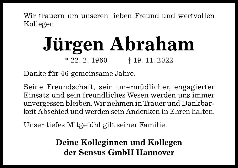  Traueranzeige für Jürgen Abraham vom 26.11.2022 aus Hildesheimer Allgemeine Zeitung