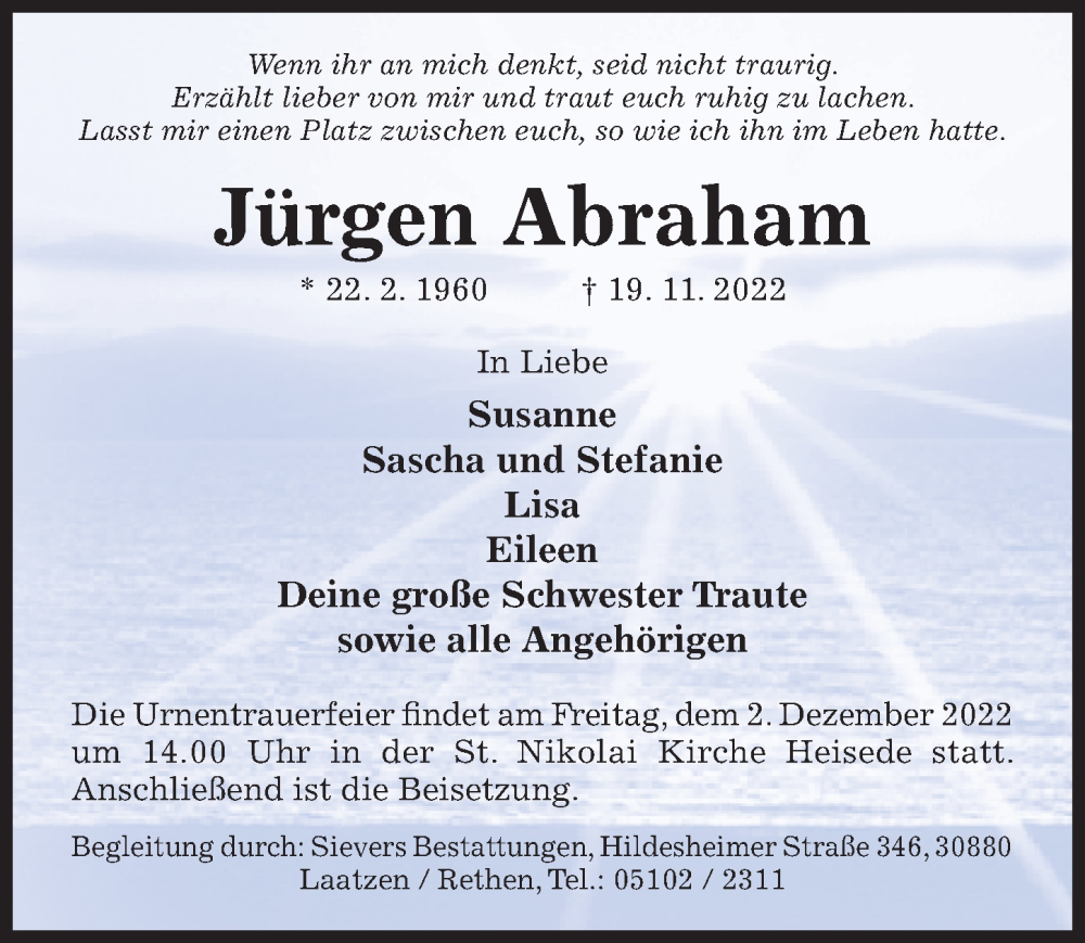  Traueranzeige für Jürgen Abraham vom 26.11.2022 aus Hildesheimer Allgemeine Zeitung