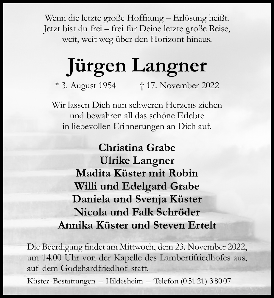  Traueranzeige für Jürgen Langner vom 19.11.2022 aus Hildesheimer Allgemeine Zeitung