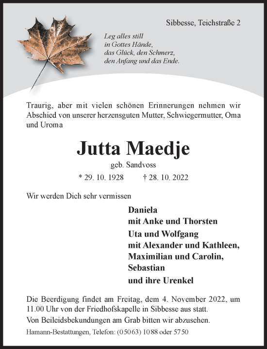 Traueranzeige von Jutta Maedje von Hildesheimer Allgemeine Zeitung