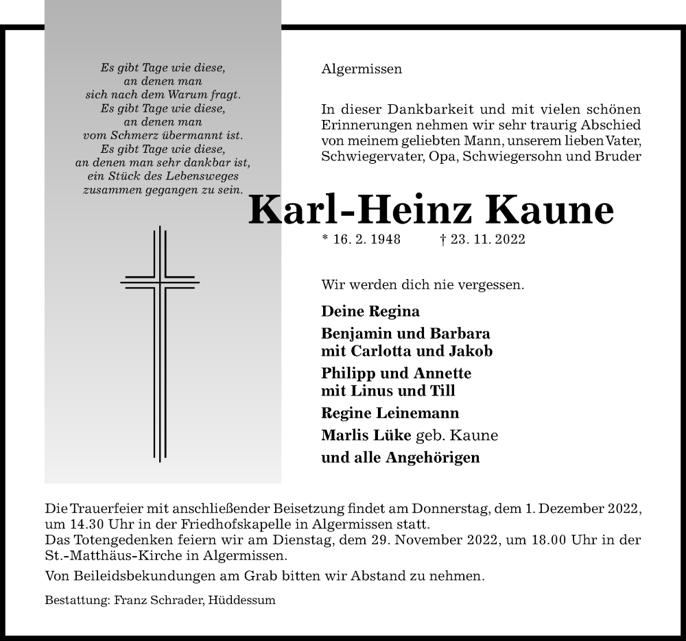  Traueranzeige für Karl-Heinz Kaune vom 26.11.2022 aus Hildesheimer Allgemeine Zeitung