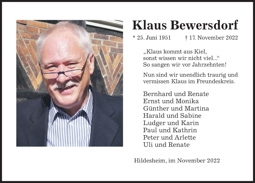  Traueranzeige für Klaus Bewersdorf vom 24.11.2022 aus Hildesheimer Allgemeine Zeitung
