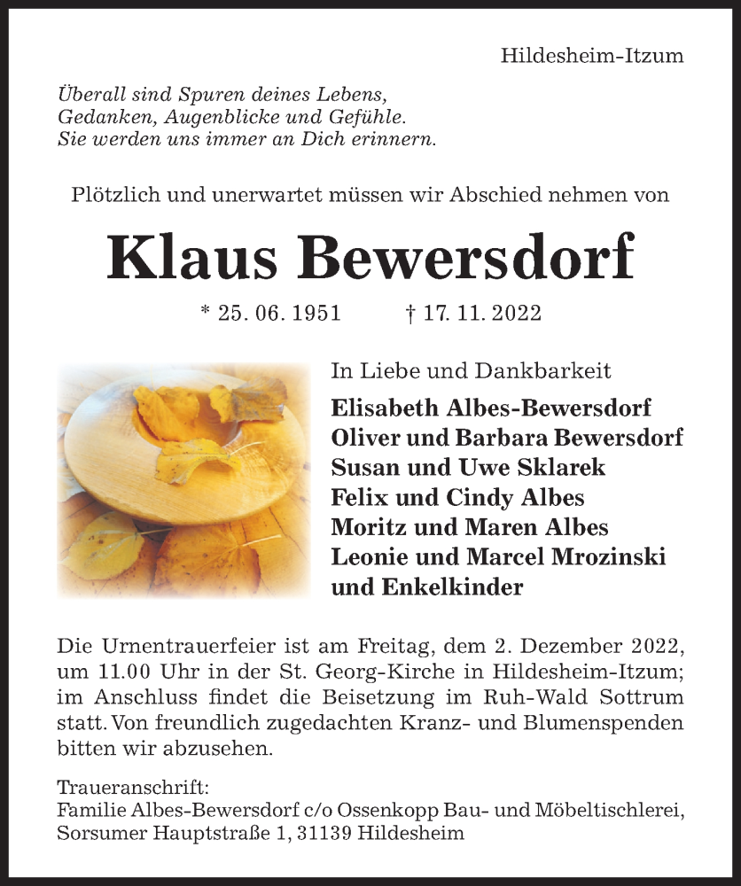 Traueranzeige für Klaus Bewersdorf vom 23.11.2022 aus Hildesheimer Allgemeine Zeitung