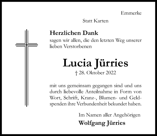 Traueranzeige von Lucia Jürries von Hildesheimer Allgemeine Zeitung