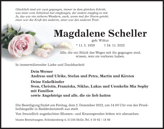 Traueranzeige von Magdalene Scheller von Hildesheimer Allgemeine Zeitung