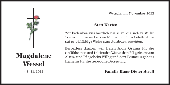 Traueranzeige von Magdalene Wessel von Hildesheimer Allgemeine Zeitung