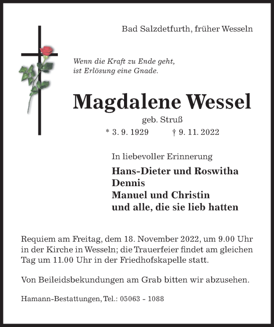 Traueranzeige von Magdalene Wessel von Hildesheimer Allgemeine Zeitung