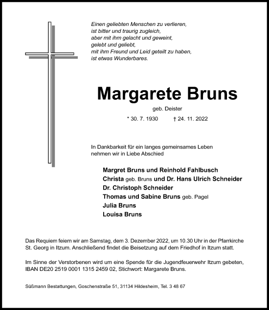 Traueranzeige von Margarete Bruns von Hildesheimer Allgemeine Zeitung