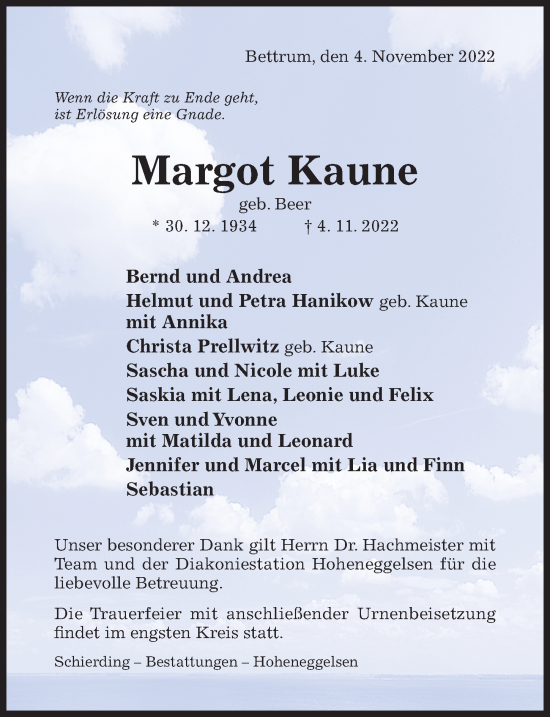 Traueranzeige von Margot Kaune von Hildesheimer Allgemeine Zeitung