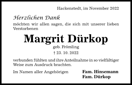 Traueranzeige von Margrit Dürkop von Hildesheimer Allgemeine Zeitung