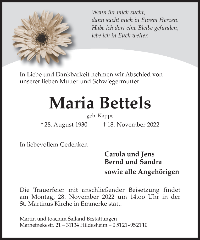  Traueranzeige für Maria Bettels vom 23.11.2022 aus Hildesheimer Allgemeine Zeitung