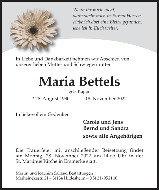 Traueranzeige von Maria Bettels von Hildesheimer Allgemeine Zeitung