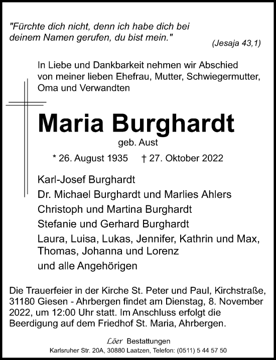 Traueranzeige von Maria Burghardt von Hildesheimer Allgemeine Zeitung