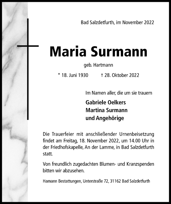 Traueranzeige von Maria Surmann von Hildesheimer Allgemeine Zeitung