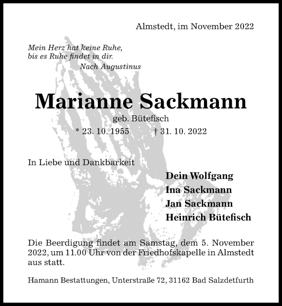 Traueranzeige von Marianne Sackmann von Hildesheimer Allgemeine Zeitung