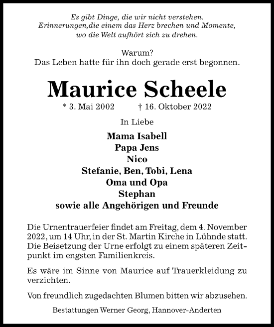 Traueranzeige von Maurice Scheele von Hildesheimer Allgemeine Zeitung