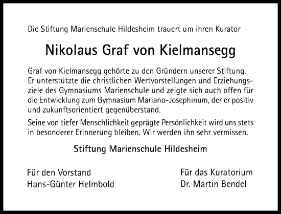 Traueranzeige von Nikolaus Graf von Kielmansegg von Hildesheimer Allgemeine Zeitung