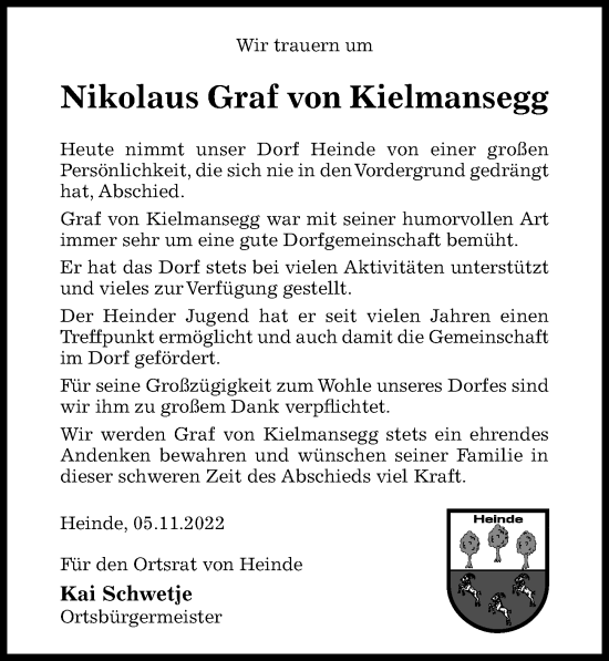 Traueranzeige von Nikolaus Graf von Kielmansegg von Hildesheimer Allgemeine Zeitung