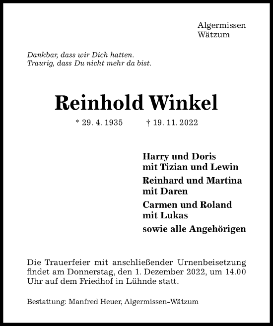 Traueranzeige von Reinhold Winkel von Hildesheimer Allgemeine Zeitung