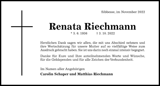 Traueranzeige von Renata Riechmann von Hildesheimer Allgemeine Zeitung