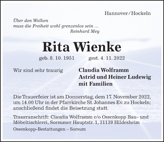 Traueranzeige von Rita Wienke von Hildesheimer Allgemeine Zeitung