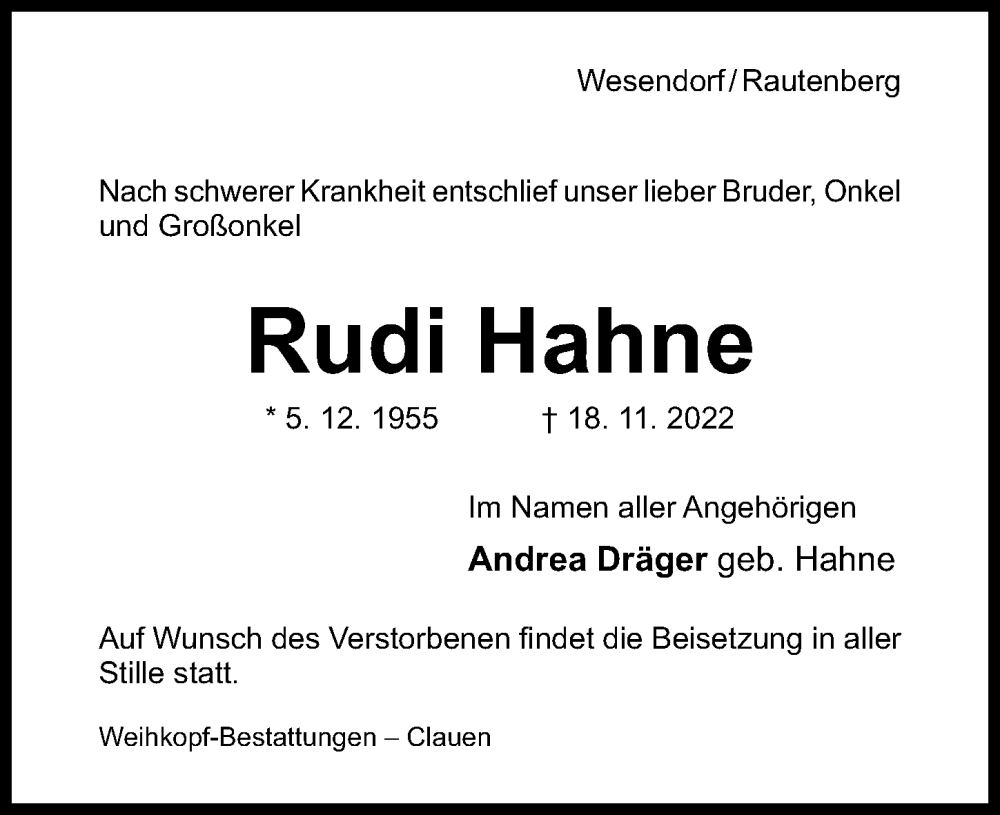  Traueranzeige für Rudi Hahne vom 22.11.2022 aus Hildesheimer Allgemeine Zeitung