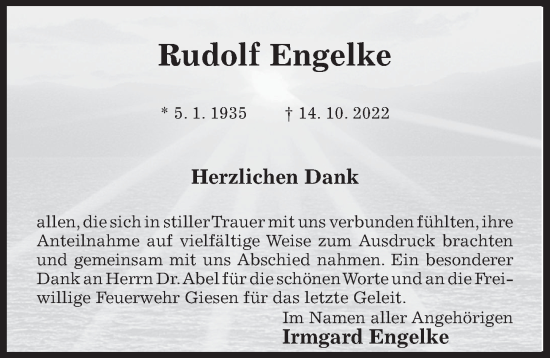 Traueranzeige von Rudolf Engelke von Hildesheimer Allgemeine Zeitung