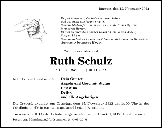 Traueranzeige von Ruth Schulz von Hildesheimer Allgemeine Zeitung