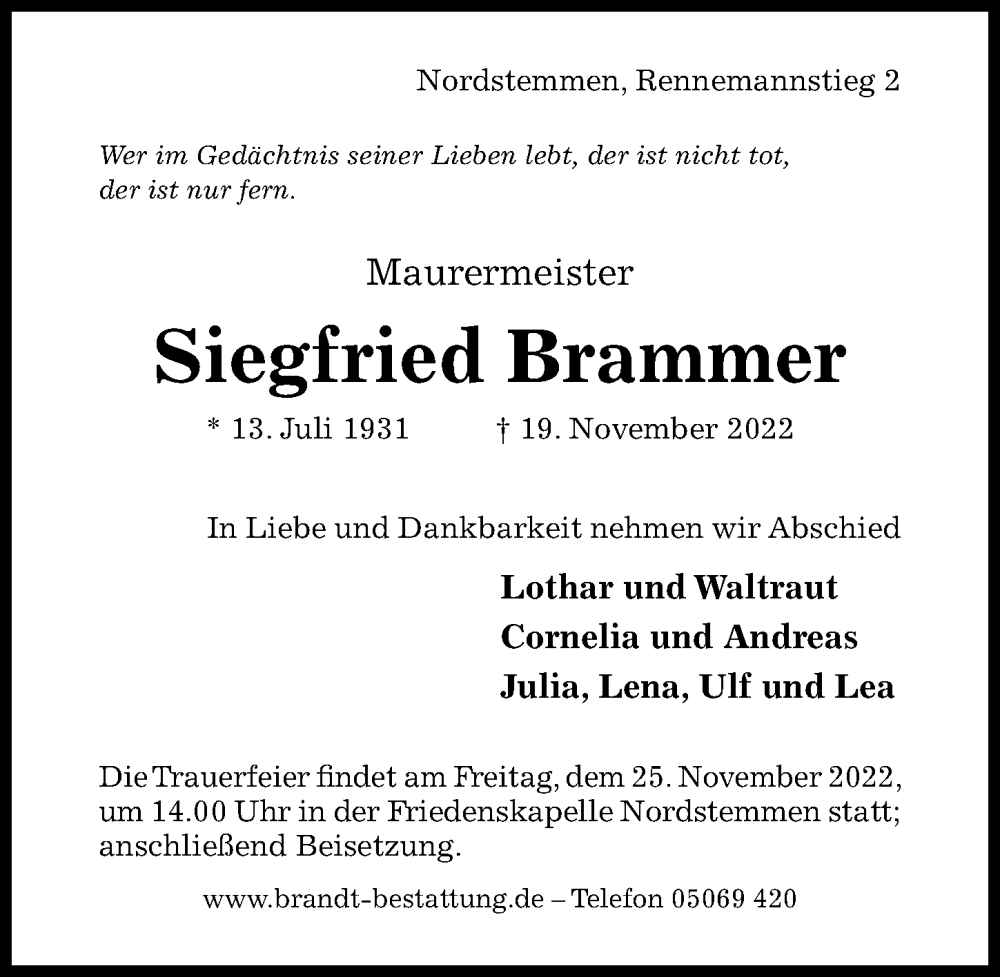  Traueranzeige für Siegfried Brammer vom 23.11.2022 aus Hildesheimer Allgemeine Zeitung