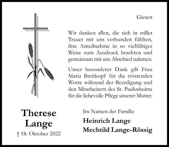 Traueranzeige von Therese Lange von Hildesheimer Allgemeine Zeitung