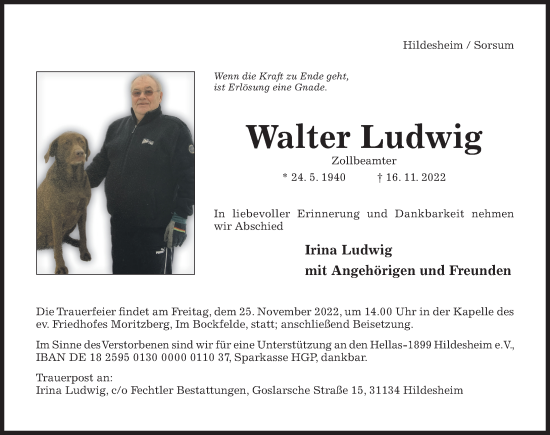 Traueranzeige von Walter Ludwig von Hildesheimer Allgemeine Zeitung