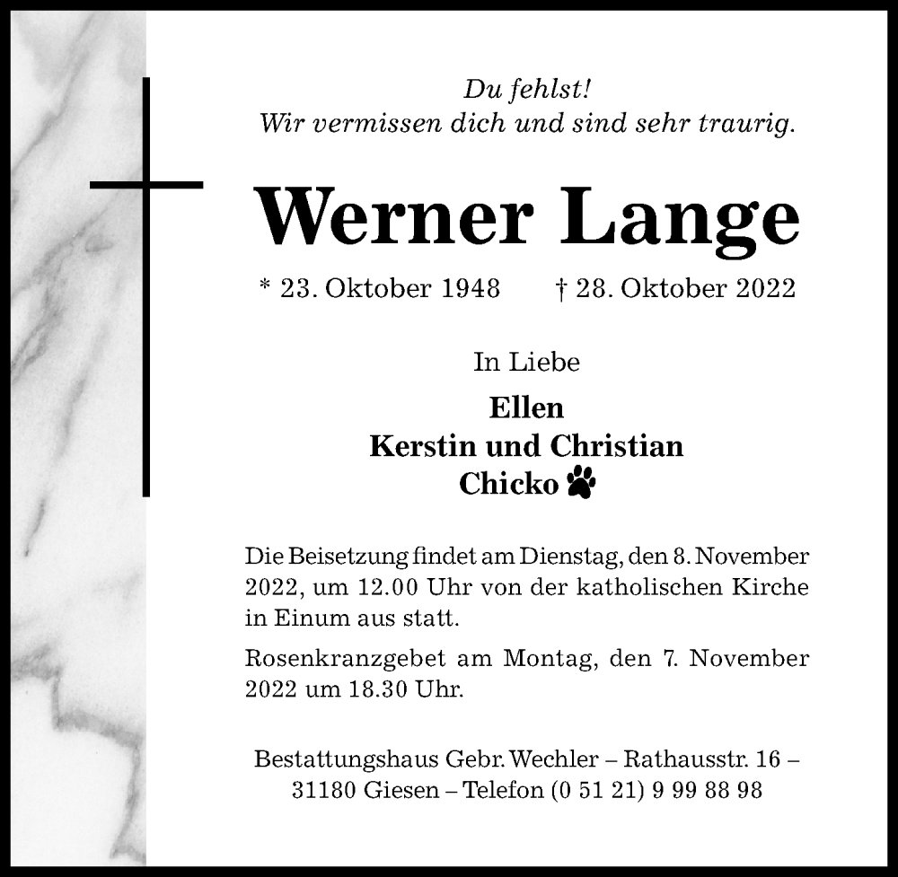  Traueranzeige für Werner Lange vom 05.11.2022 aus Hildesheimer Allgemeine Zeitung