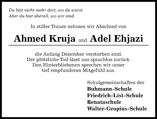 Traueranzeige von Ahmed Kruja von Hildesheimer Allgemeine Zeitung