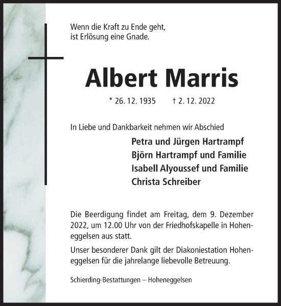 Traueranzeige von Albert Marris von Hildesheimer Allgemeine Zeitung