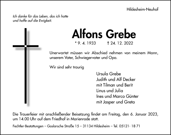 Traueranzeige von Alfons Grebe von Hildesheimer Allgemeine Zeitung