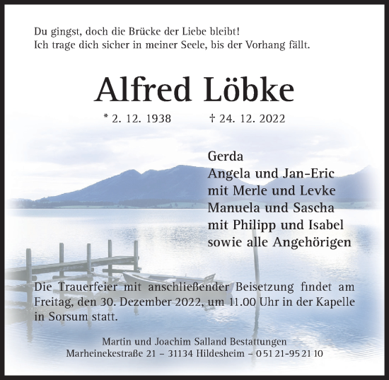 Traueranzeige von Alfred Löbke von Hildesheimer Allgemeine Zeitung