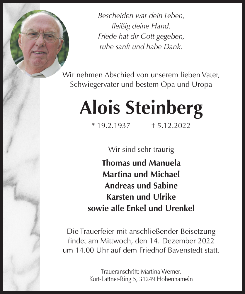  Traueranzeige für Alois Steinberg vom 10.12.2022 aus Hildesheimer Allgemeine Zeitung