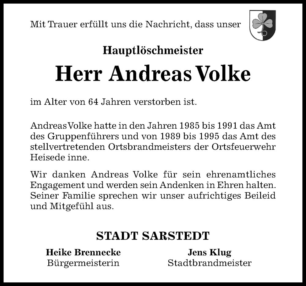  Traueranzeige für Andreas Volke vom 24.12.2022 aus Hildesheimer Allgemeine Zeitung