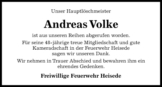 Traueranzeige von Andreas Volke von Hildesheimer Allgemeine Zeitung