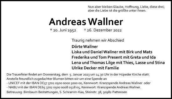 Traueranzeige von Andreas Wallner von Hildesheimer Allgemeine Zeitung