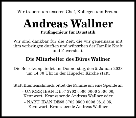 Traueranzeige von Andreas Wallner von Hildesheimer Allgemeine Zeitung