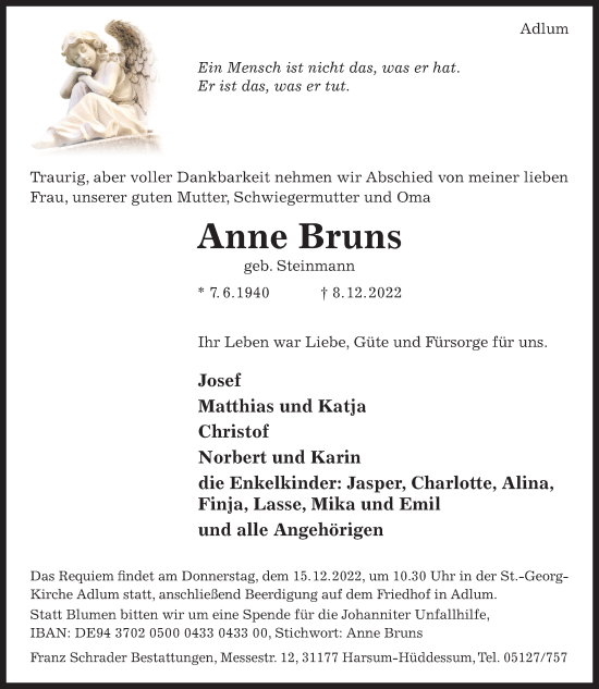 Traueranzeige von Anne Bruns von Hildesheimer Allgemeine Zeitung