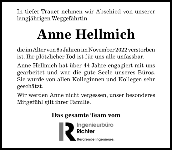 Traueranzeige von Anne Hellmich von Hildesheimer Allgemeine Zeitung