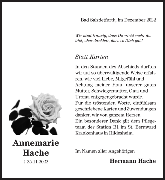 Traueranzeige von Annemarie Hache von Hildesheimer Allgemeine Zeitung