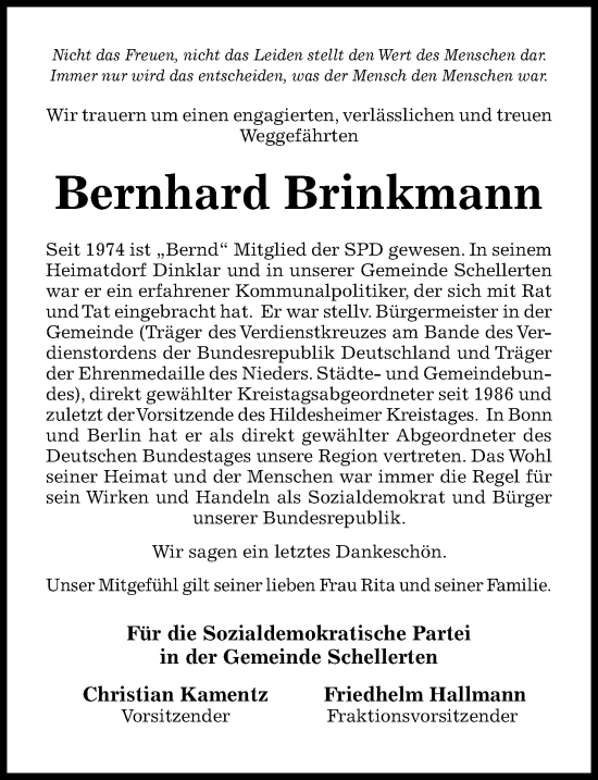 Traueranzeige von Bernhard Brinkmann von Hildesheimer Allgemeine Zeitung