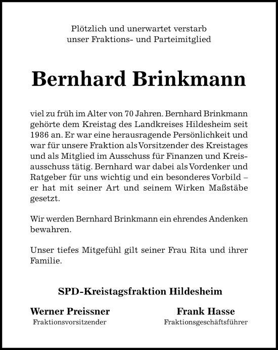 Traueranzeige von Bernhard Brinkmann von Hildesheimer Allgemeine Zeitung