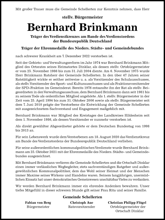 Traueranzeige von Bernhard Brinkmann von Hildesheimer Allgemeine Zeitung