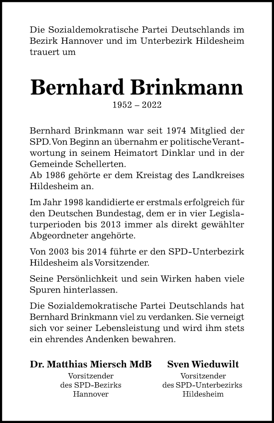 Traueranzeige von Bernhard Brinkmann von Hildesheimer Allgemeine Zeitung