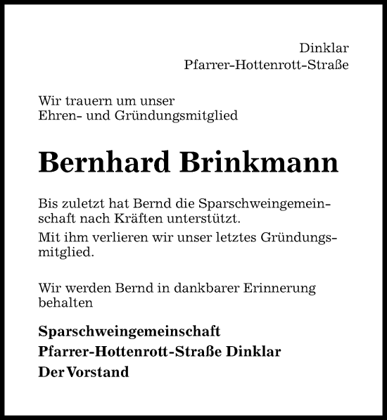 Traueranzeige von Bernhard Brinkmann von Hildesheimer Allgemeine Zeitung